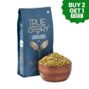 true story organic green moong dal split packet and organic green moong dal split in bow