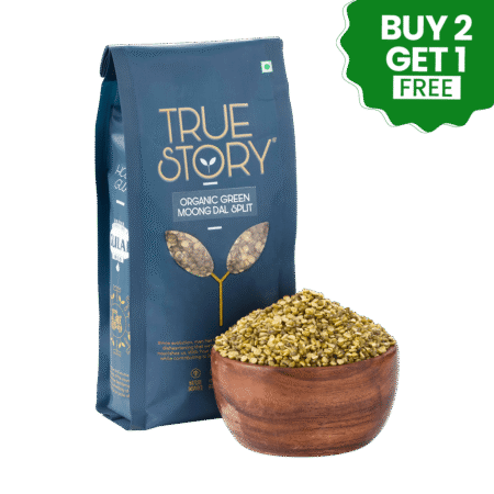 true story organic green moong dal split packet and organic green moong dal split in bow