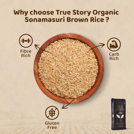 organic brown sonamasuri rice in bowl