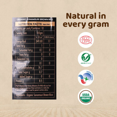 true story organic brown sonamasuri rice nutrition table
