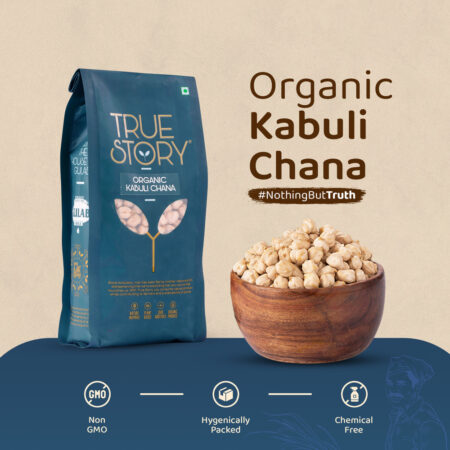 true story organic kabuli chana packet and organic kabuli chana in bowl