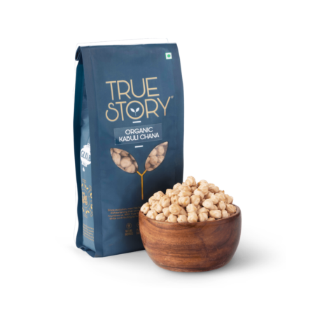 true story organic kabuli chana packet and organic kabuli chana in bowl