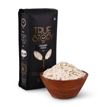 true story organic poha packet and organic poha in bowl