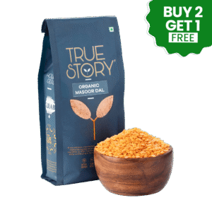 true story organic masoor dal packet and organic masoor dal in bowl