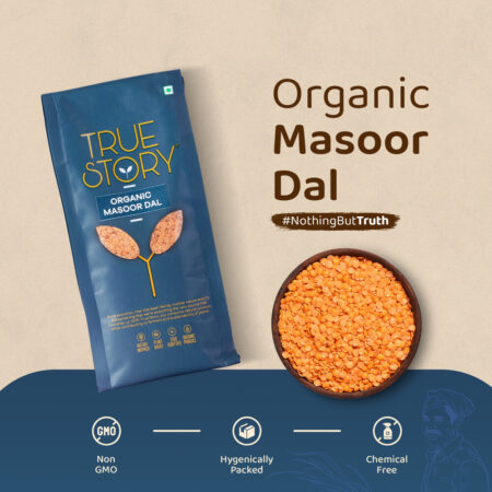 true story organic masoor dal packet and organic masoor dal in bowl