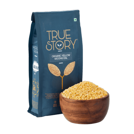 true story organic yellow moong dal packet and organic moong dal in bowl